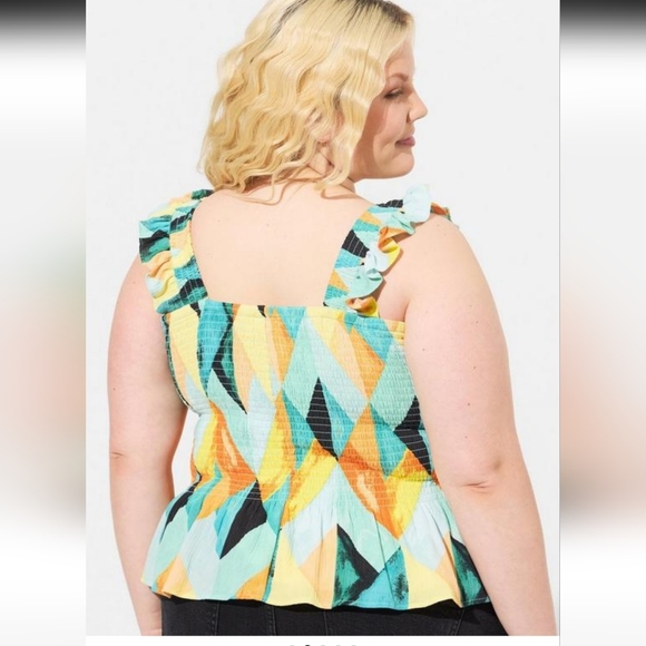 Torrid Peplum Crinkle Gauze Smocked Tank Geo Multi Sz 1X 14-16 - Picture 4 of 10